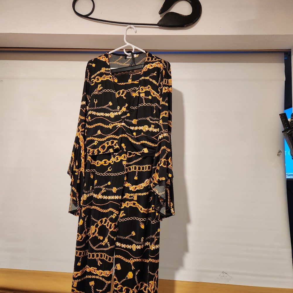 January 7 Black and Gold Chain Pattern Shirt and Pant Set